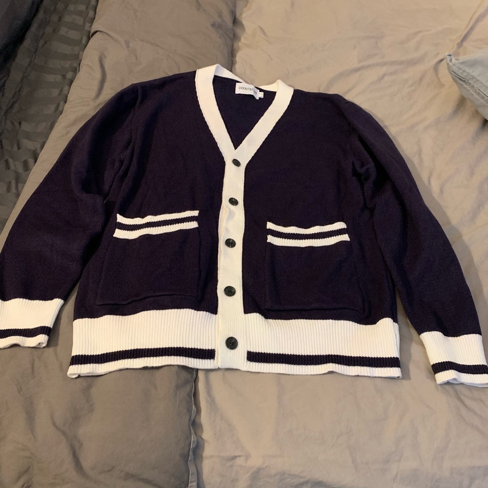 Women's Navy and White Cardigan Sweater
